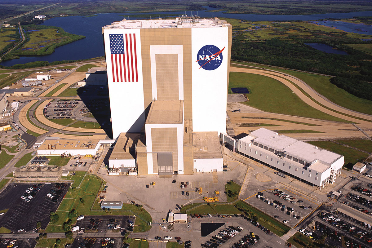 Aerial view of the Vehicle Assembly Building, which is visible on the KSC Bus Tours