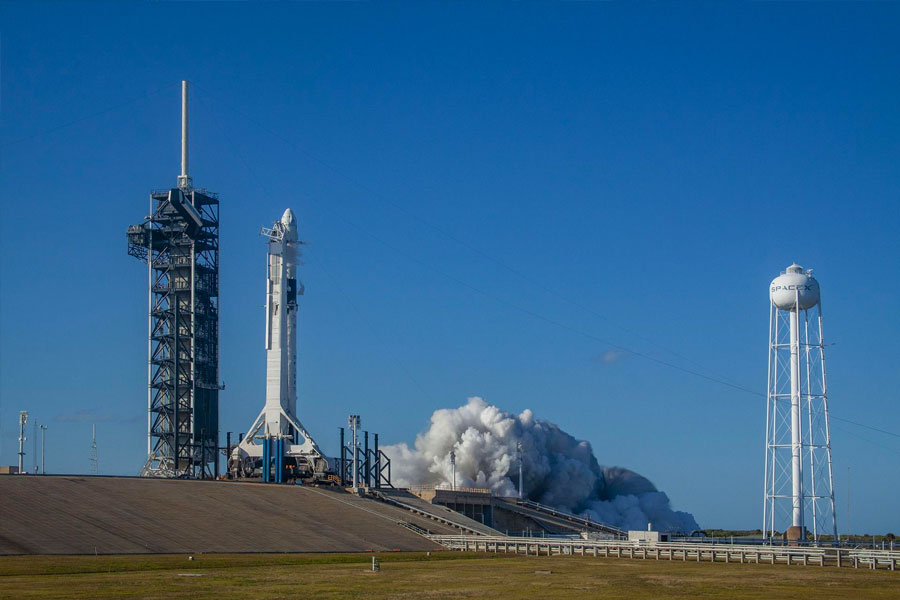 At NASA Kennedy Space Center’s Launch Complex 39A, the nine engines of a SpaceX Falcon 9 rocket roar to life in a brief static firing on Jan. 24, 2019. The test was part of checkouts prior to its liftoff for Demo-1, the inaugural flight of one of the spacecraft designed to take NASA astronauts to and from the International Space Station. 