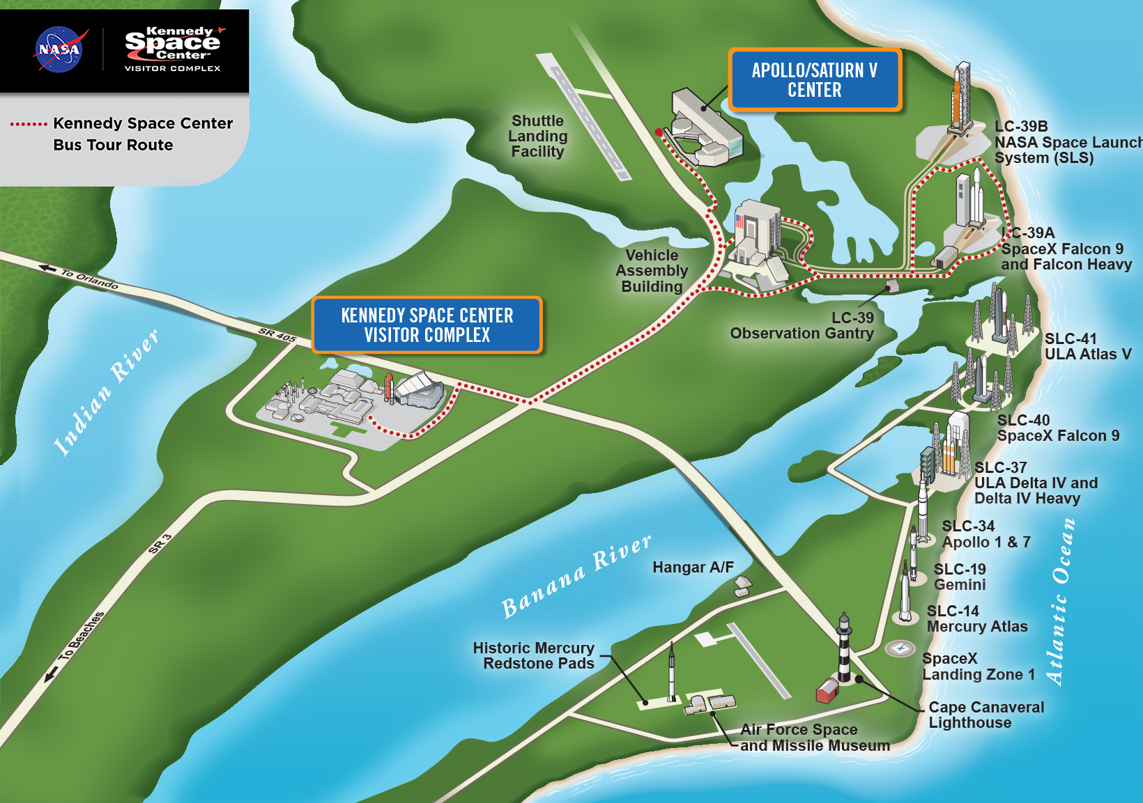 Map of bus tour route at Kennedy Space Center