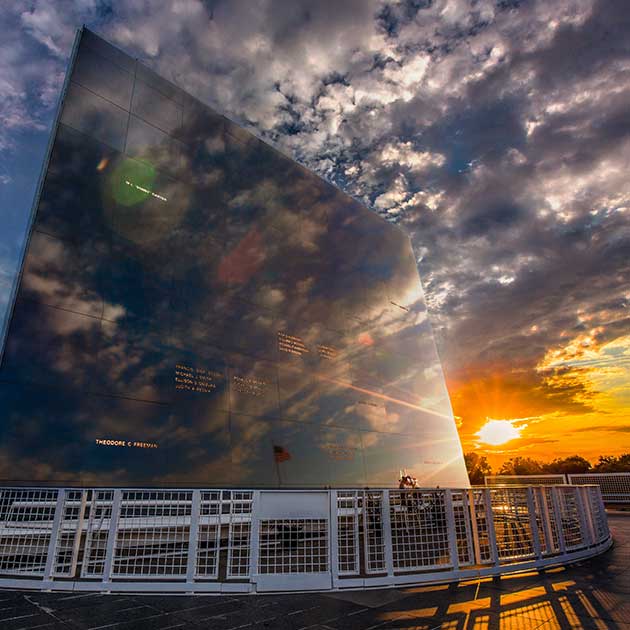 Space Mirror Memorial at sunset