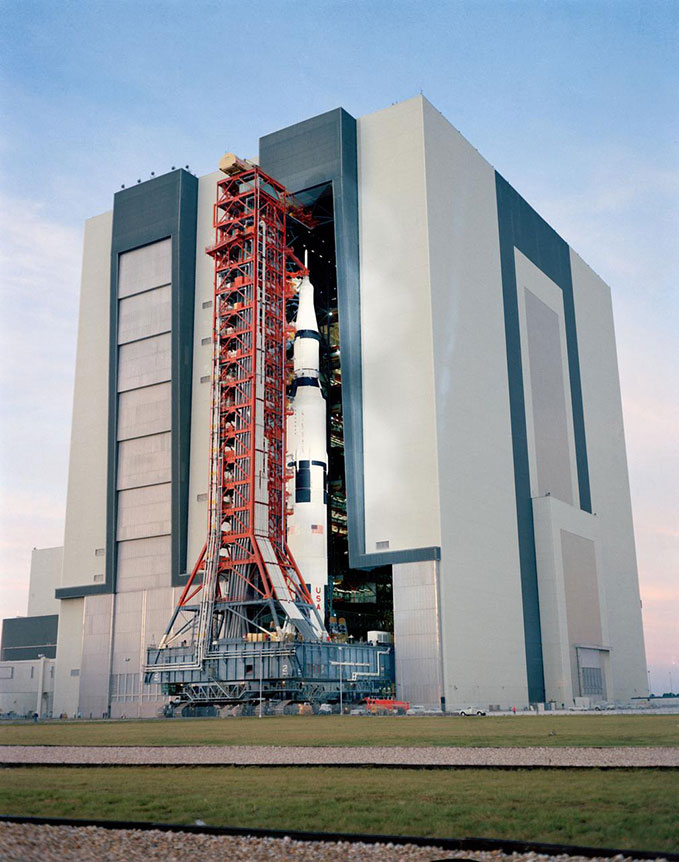 A Saturn V rocket rolls out of the Vehicle Assembly Building (VAB) for Apollo 14 in 1970.
