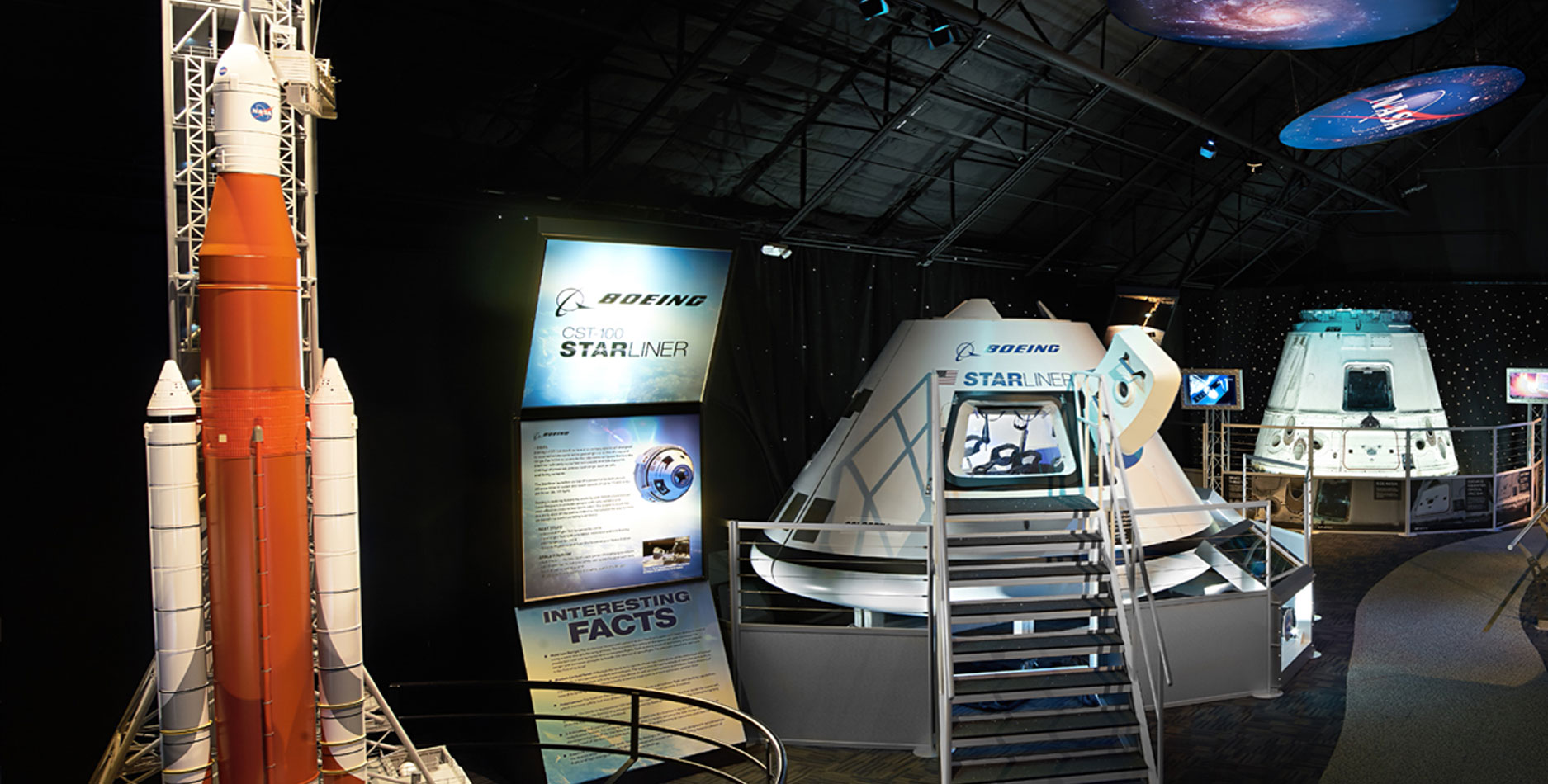 The NASA Now and Next exhibit includes a scale model of NASA Space Launch System, Boeing CST-100 Starliner Crew Vehicle Pressure Vessel and SpaceX Dragon Cargo Vehicle, at Kennedy Space Center Visitor Complex.