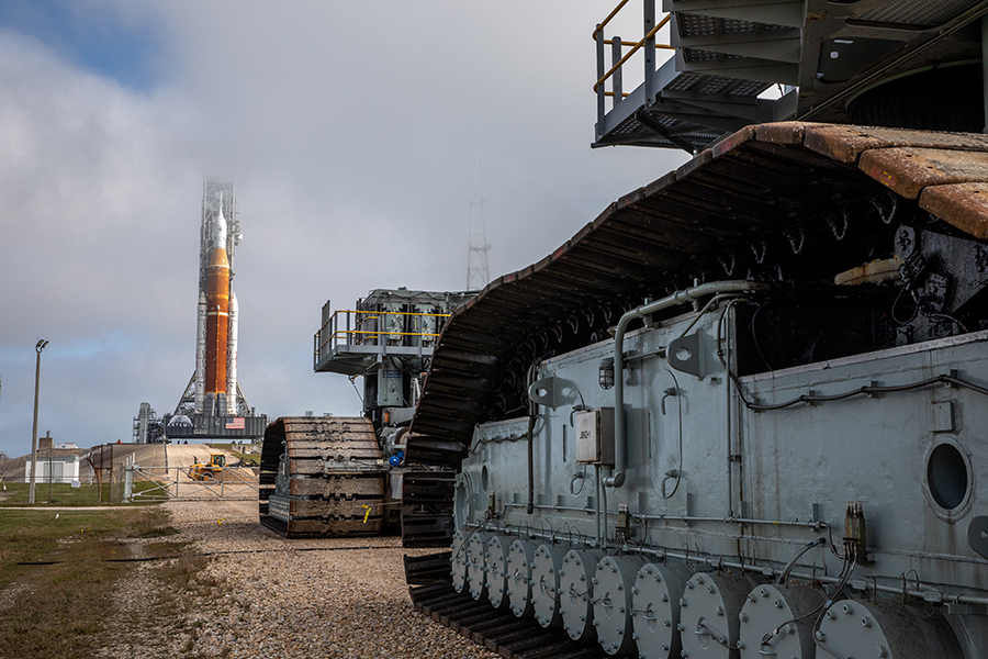 Space Launch System (SLS) on mobile launcher on pad 39B at Kennedy Space Center Florida, USA