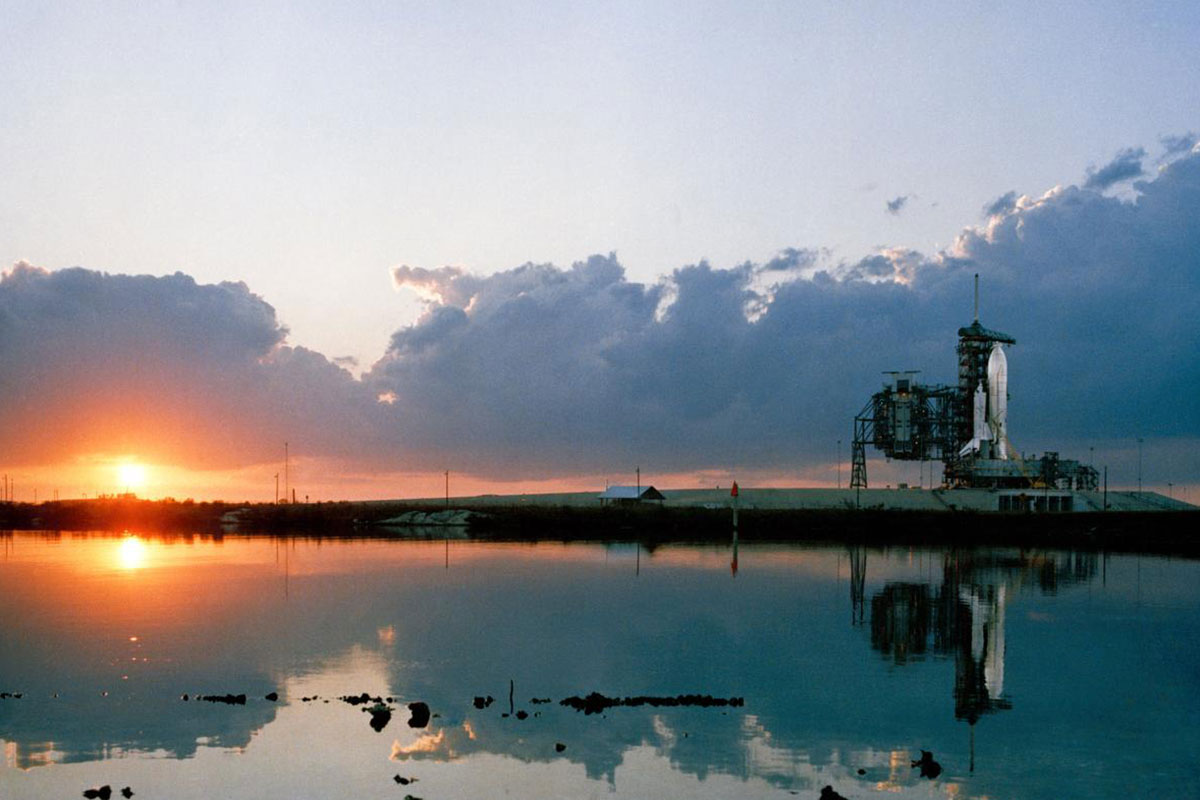 An early morning scene at the Kennedy Space Center's Launch Complex 39, with the space shuttle Columbia in position on Pad A at right. Launch for the STS-1 mission is set for April 10th with astronauts John W. Young and Robert L. Crippen aboard.