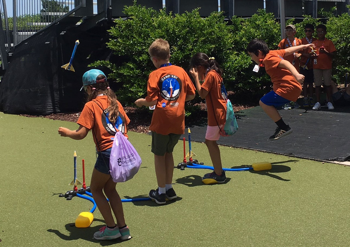 Campers launch their "stomp" rockets.