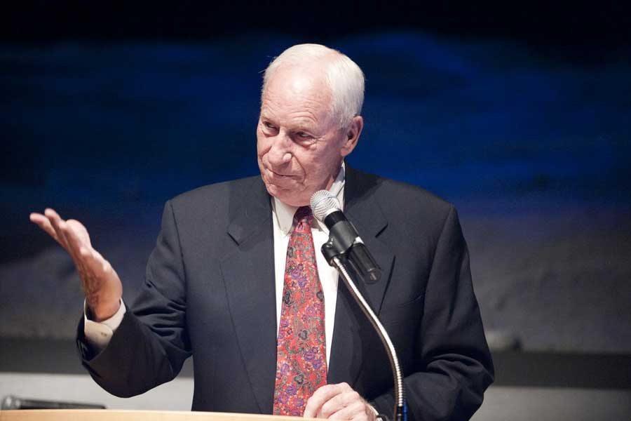 Apollo astronaut Al Worden speaks during a ceremony, Thursday, July 30, 2009, where he was honored with the presentation of the an Ambassador of Exploration Award for his contributions to the U.S. space program at Kennedy Space Center, Fla.