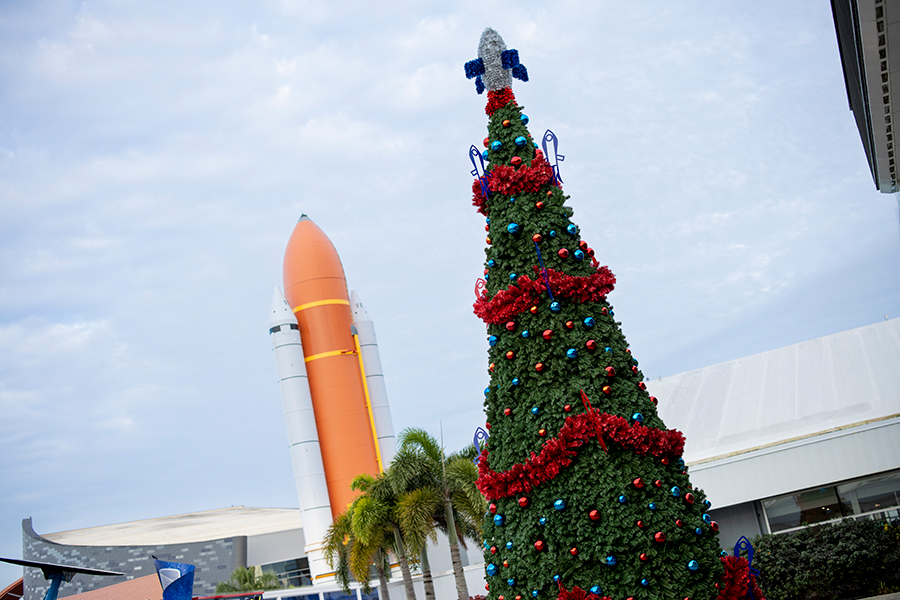 Holiday tree with Atlantis in the background
