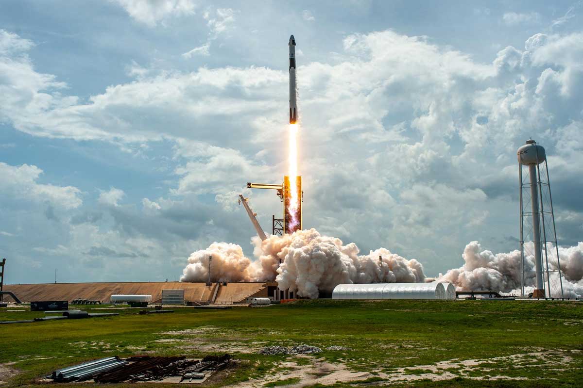 A SpaceX Falcon 9 rocket soars upward after lifting off from historic Launch Complex 39A at NASA’s Kennedy Space Center in Florida on May 30, 2020, carrying NASA astronauts Robert Behnken and Douglas Hurley to the International Space Station in a SpaceX Crew Dragon capsule for the agency’s SpaceX Demo-2 mission.