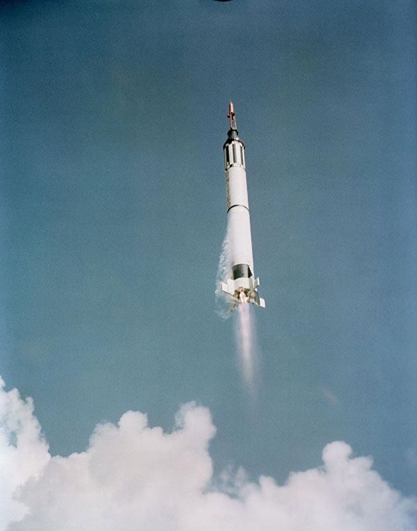 This is the launch of the Mercury-Redstone 3 (MR-3) spacecraft from Cape Canaveral on a suborbital mission -- the first U.S. manned spaceflight.