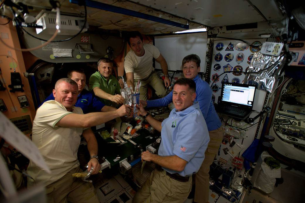 The crew members of Expedition 50 celebrated Thanksgiving in 2016 with rehydrated turkey, stuffing, potatoes and vegetables aboard the International Space Station.