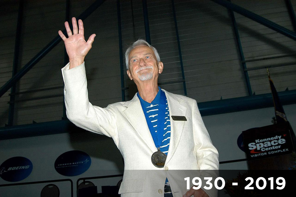 Former astronaut Owen Garriott acknowledges the applause as he is introduced as a previous inductee into the U.S. Astronaut Hall of Fame at Kennedy Space Center Visitor Complex.