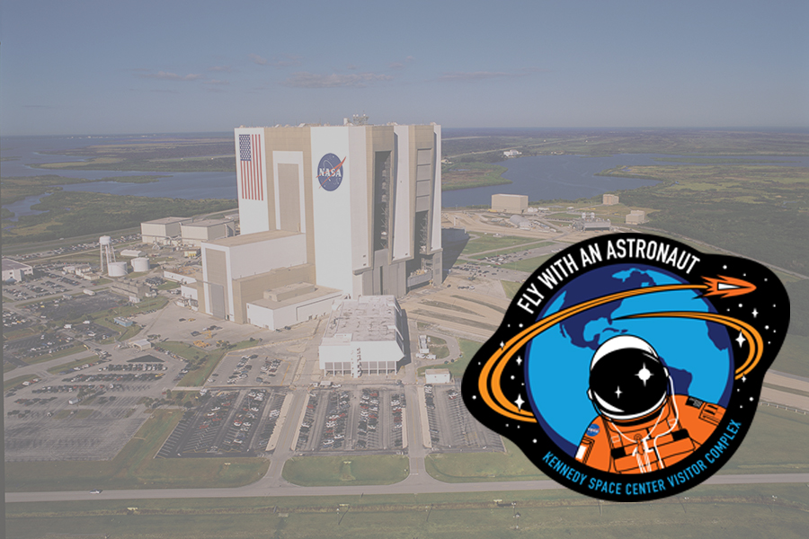 Fly With An Astronaut logo with VAB in background