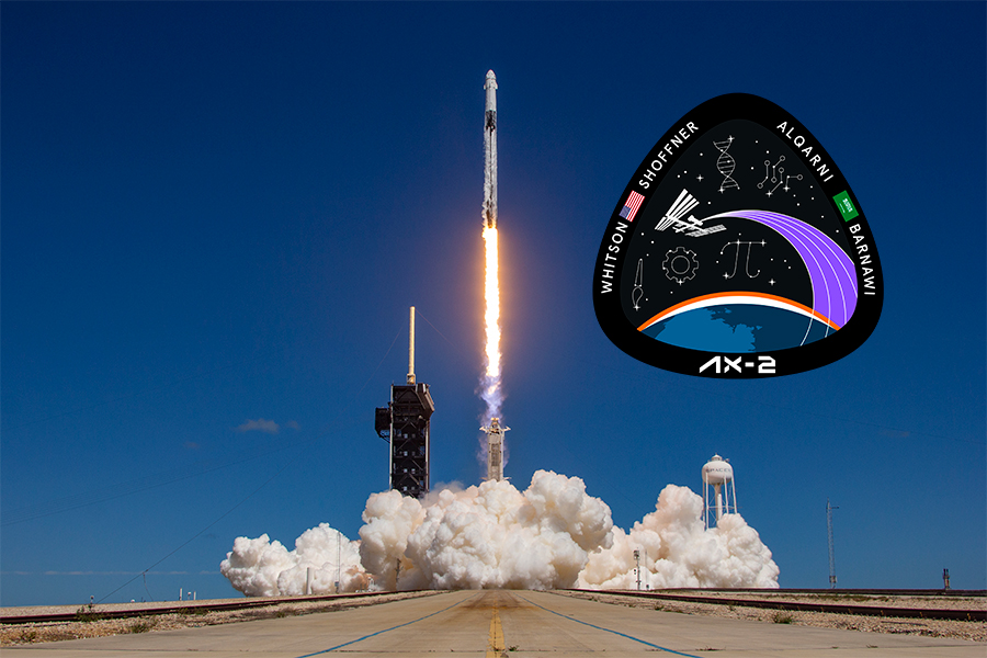 SpaceX Falcon 9 rocket launching from LC39A with Ax-2 official patch overlay