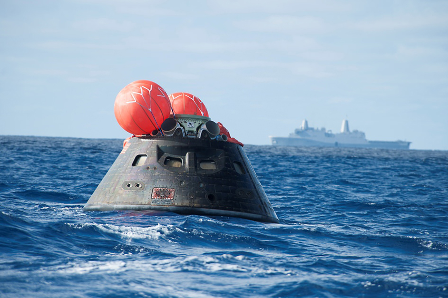 Orion capsule after testing splashdown in Pacific Ocean