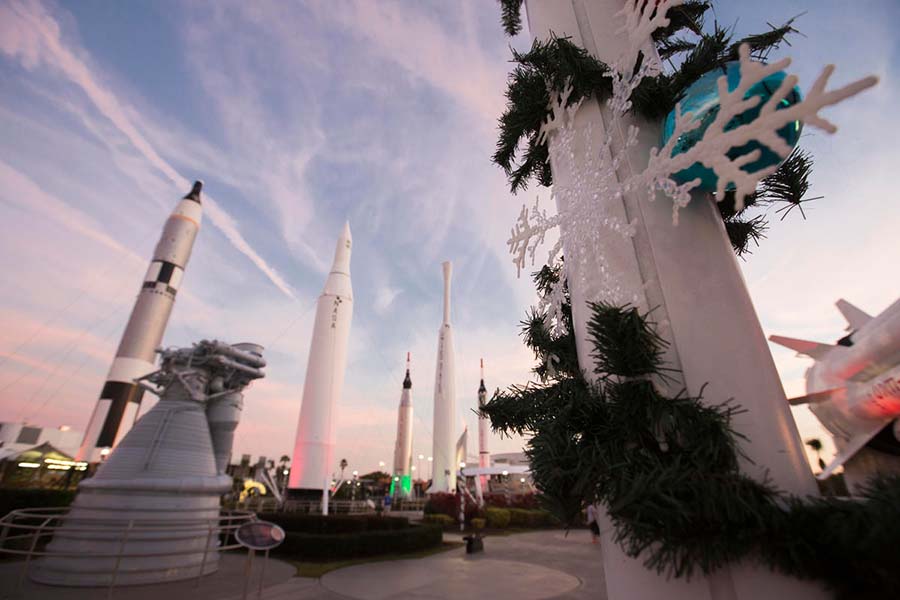 Holidays in Space decor in the Rocket Garden.