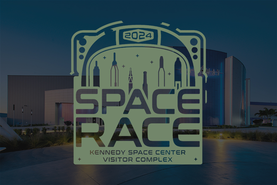 Official logo of Space Race 2024 at Kennedy Space Center Visitor Complex with Gateway: The Deep Space Launch Complex as the background