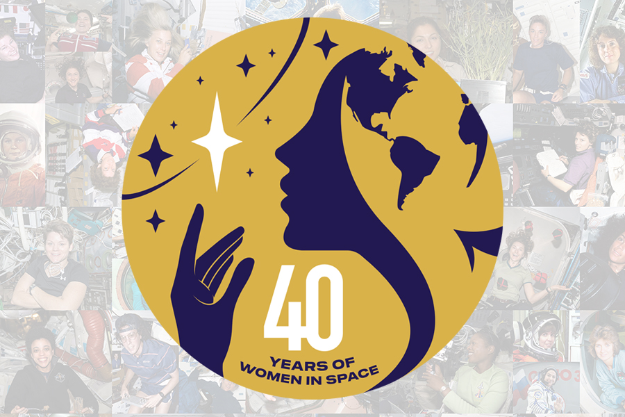 Women in Space Pin Logo with background of women who have contributed to our exploration of space