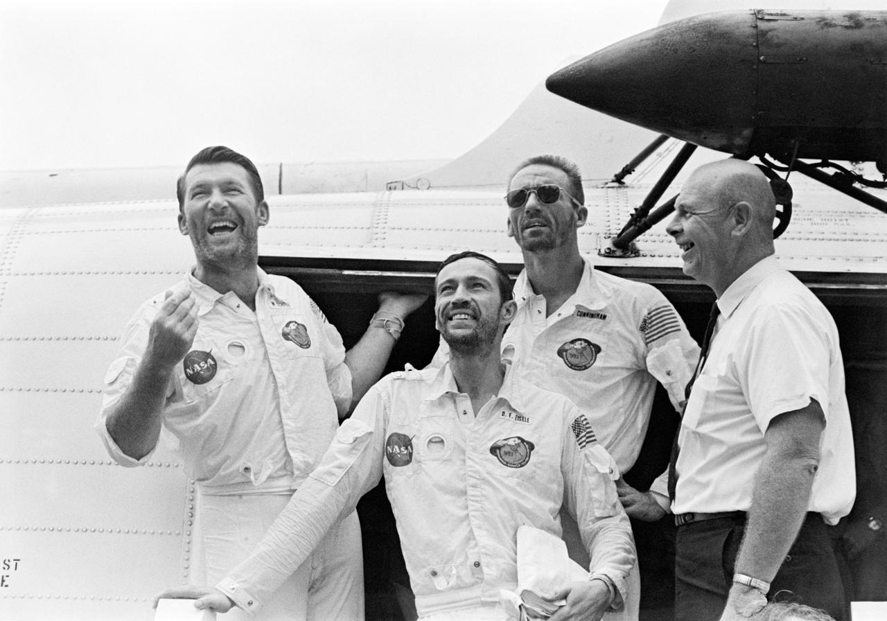 Apollo 7 crew, Walter Schirra, Donn Eisele, and Walter Cunningham, post-flight.